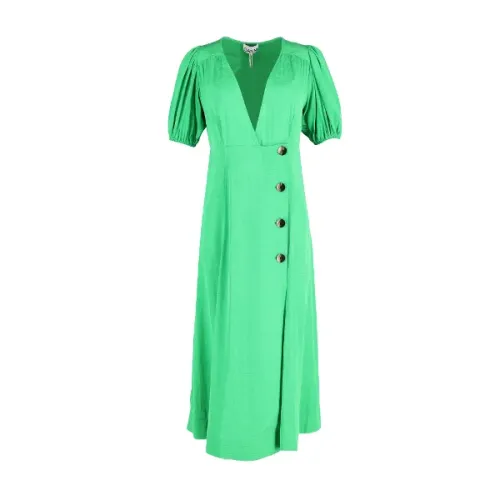 Ganni , Green Viscose Puff Sleeve Midi Wrap Dress ,Green female, Sizes: