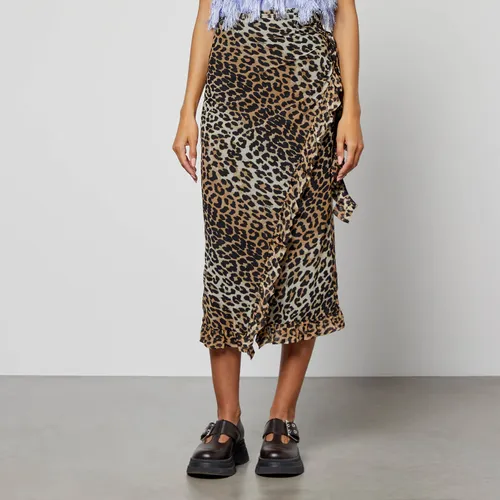 Ganni Leopard Print Mesh Wrap Midi Skirt - EU 36/