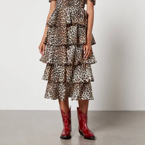 Ganni Leopard-Print TENCEL-Blend Tiered Midi Skirt - EU 38/
