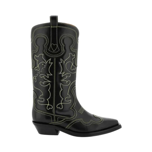 Ganni , Mid Shaft Embroidered Western Boots ,Black female, Sizes: