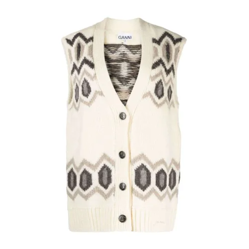 Ganni , Patterned Intarsia-Knit Wool Vest ,Beige female, Sizes: