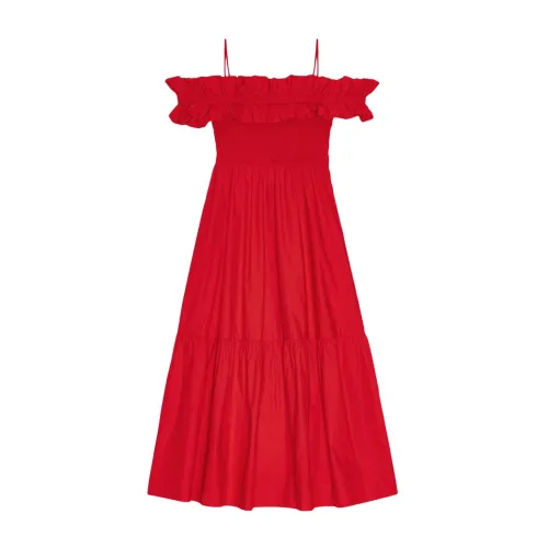 Ganni , Red Cotton Ruffle Dress ,Red female, Sizes: