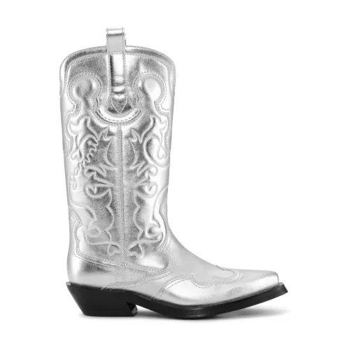 Ganni , Silver Metallic Embroidered Slip-On Boots ,Gray female, Sizes: