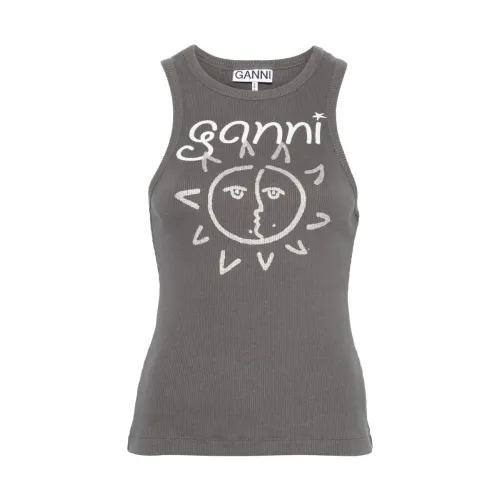 Ganni , Sun Print Ribbed Knit Top ,Gray female, Sizes: