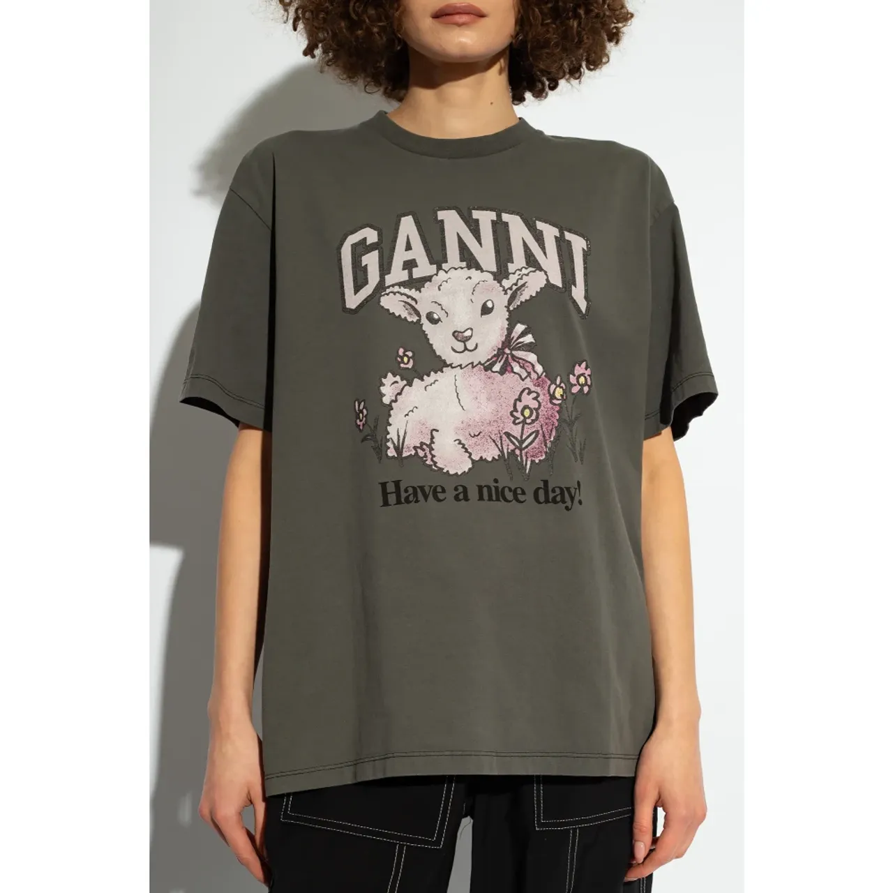 Ganni , T-Shirt With Logo ,Gray female, Sizes: