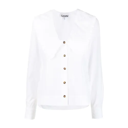 Ganni , White Cotton Poplin Ruffle Shirt ,White female, Sizes: