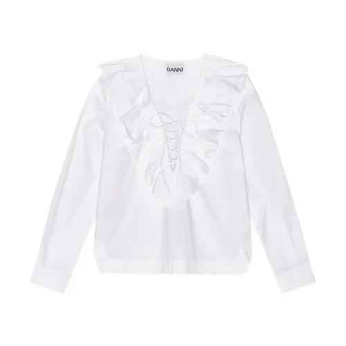 Ganni , White Cotton Ruffle Collar Shirt ,White female, Sizes:
