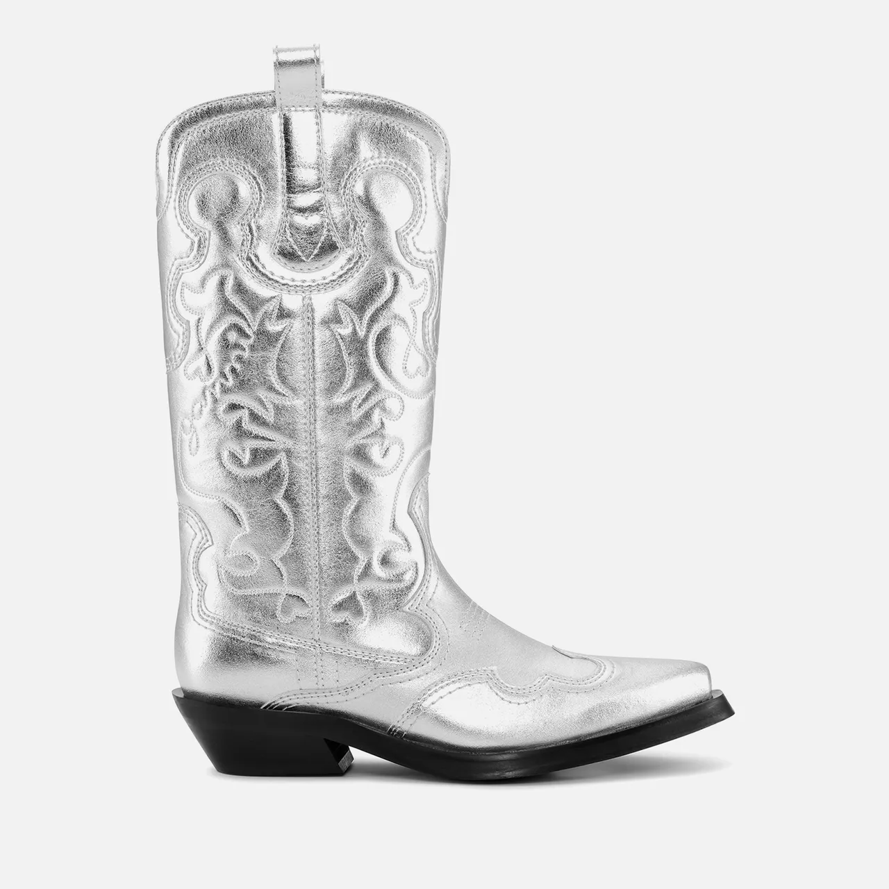 Ganni Women's Mid Shaft Embroidered Leather Western Boots - UK