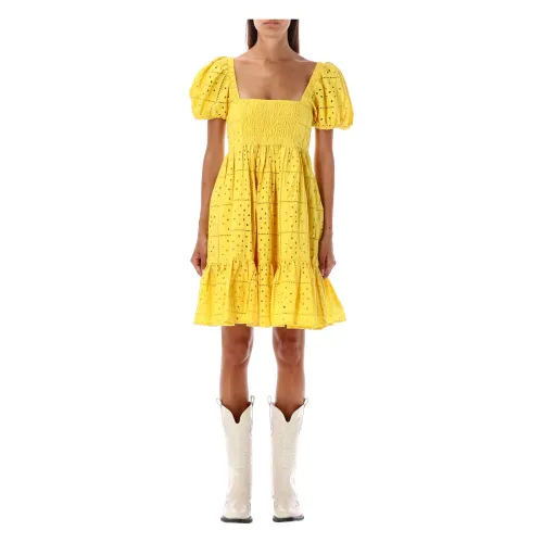 Ganni , Yellow Broderie Anglaise Mini Dress ,Yellow female, Sizes: