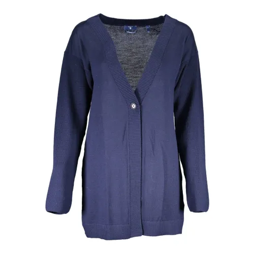 Gant , Blue Wool Cardigan, Long Sleeve, Logo ,Blue female, Sizes: