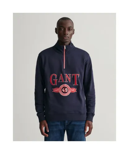 Gant Mens Retro Crest Half Zip Sweatshirt - Blue Cotton