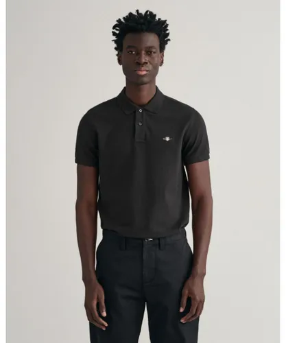 Gant Mens Slim Fit Short Sleeve Shield Logo Pique Polo - Black Cotton