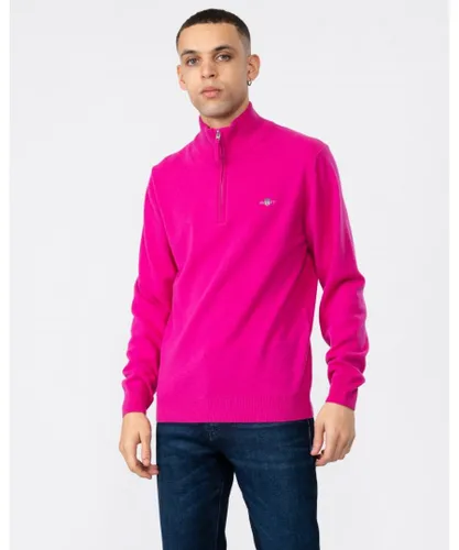 Gant Mens Superfine Lambswool Half Zip Cardigan - Pink