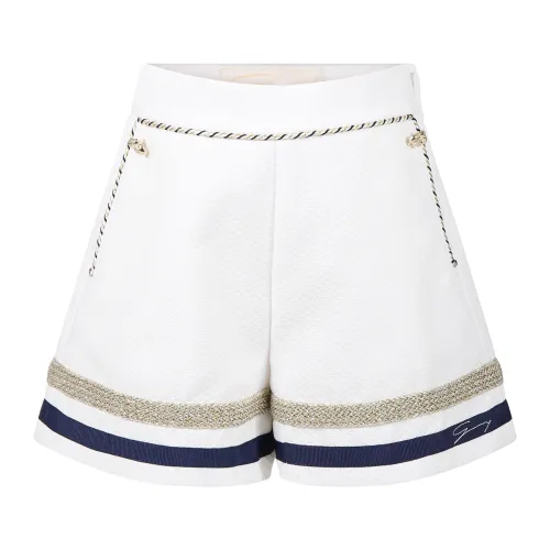 Genny , Elegant White Shorts with Blue and Lurex Details ,White unisex, Sizes: