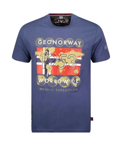 Geographical Norway Mens J-World Short Sleeve T-shirt - Blue Cotton
