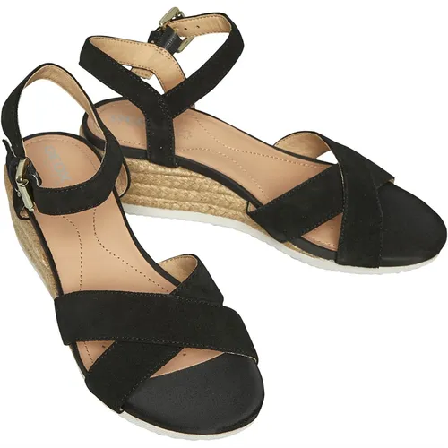 GEOX Womens Ischia Corda Wedge Sandals Black