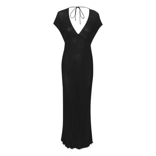 Gestuz , Black Plissé Long Dress with V-Neck ,Black female, Sizes: