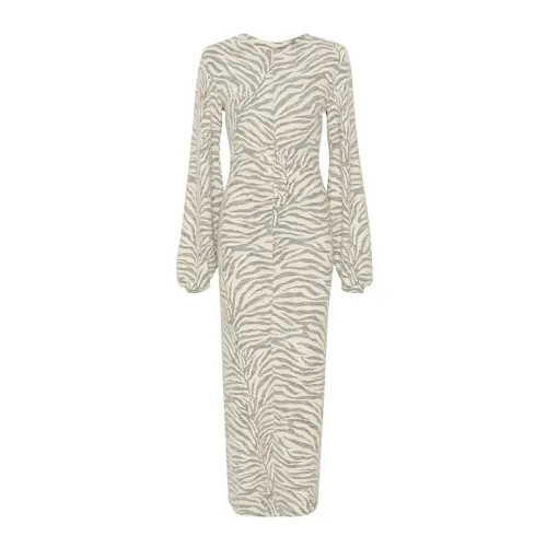 Gestuz , White Tiger Long Dress with Puff Sleeves ,Beige female, Sizes: