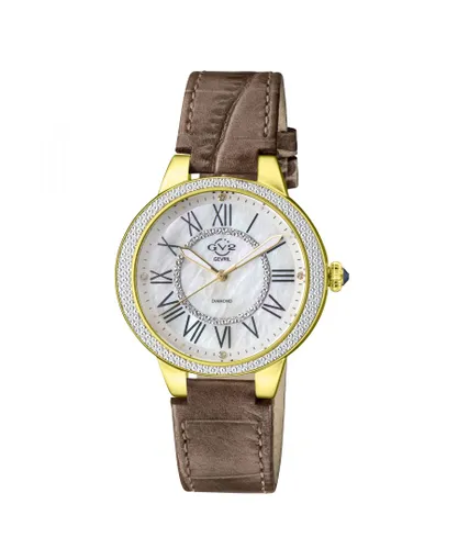 Gevril GV2 Astor II 9142-L8 WoMens Swiss Quartz MOP Dial Brown Leather Diamond Watch - One Size