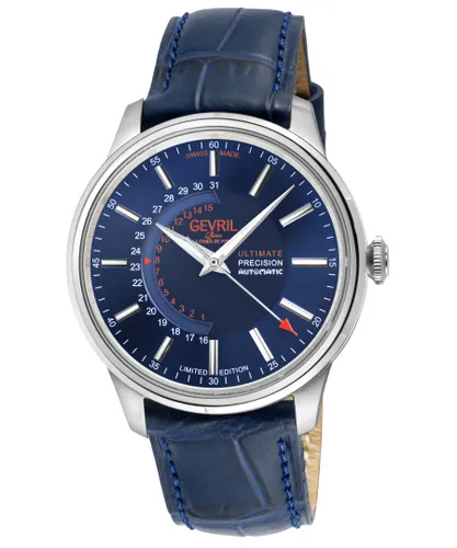 Gevril Mens Guggenheim Automatic 316L Stainless Steel Blue Dial, Genuine Italian Handmade Leather with White Stitching Strap. - One Size