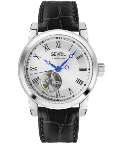 Gevril Mens Madison Swiss Automatic Stainless Steel Silver Dial Black Leather Watch - One Size