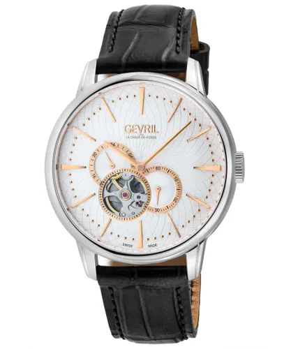 Gevril Mens Mulberry SS Case, Silver/White Dial with embossed textured, Genuine Italian Handmade Black Leather Strap. - One Size