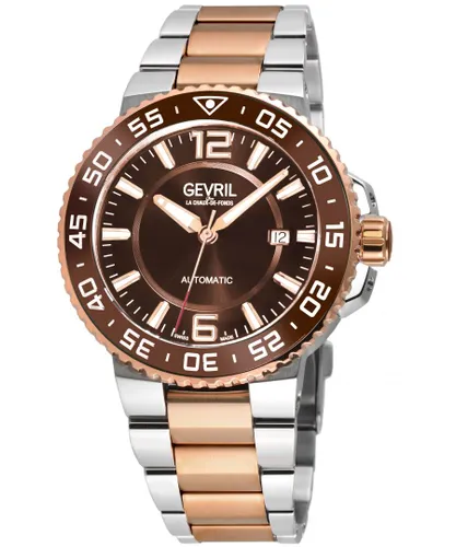 Gevril Mens RiverSide Swiss Automatic Watch, IPRG Bezel, Brown Ceramic Ring, Glossy Dial, Two toned SS/IPRG Stainelss Steel Bracelet - Silver & Gold -...