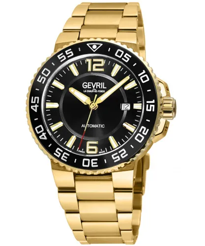 Gevril Mens RiverSide Swiss Automatic Watch, IPYG Bezel, Black Ceramic Ring, Glossy Dial, Stainelss Steel Bracelet - Gold - One Size