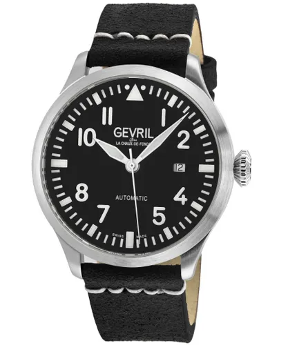 Gevril Mens Vaughn Swiss Automatic Sellita SW400 Genuine Leather Watch - Black - One Size