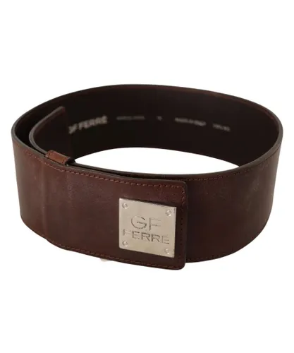 GF Ferre WoMens Brown Genuine Leather Wide Logo Buckle Waist Belt