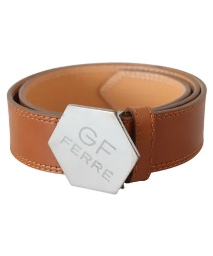 GF Ferre WoMens Brown Silver Logo Hexagon Buckle Waist Leather Belt