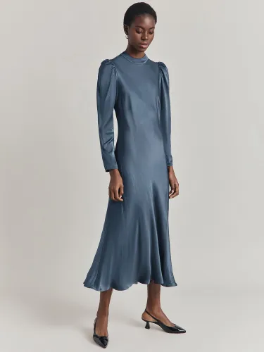 Ghost Harper Puff Sleeve Satin Midi Dress - Dark Blue - Female