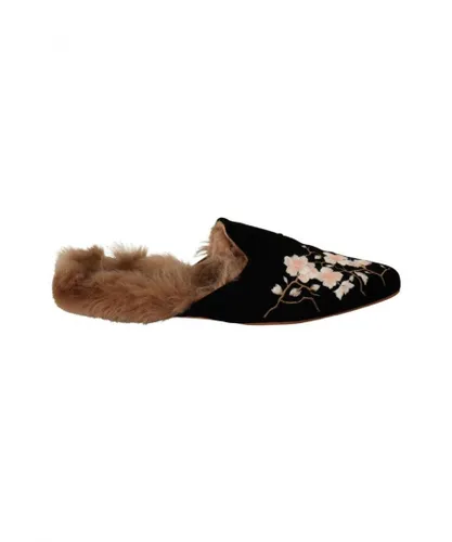 Gia Couture WoMens Black Velvet Floral Fur Slip On Flats Shoes