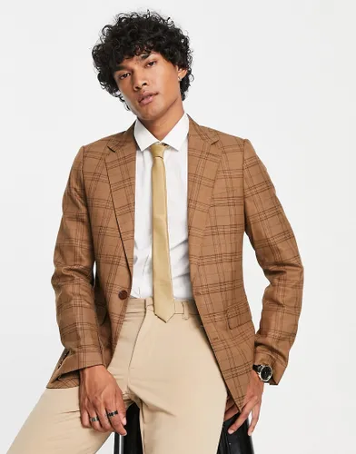 Gianni Feraud skinny suit jacket in brown check