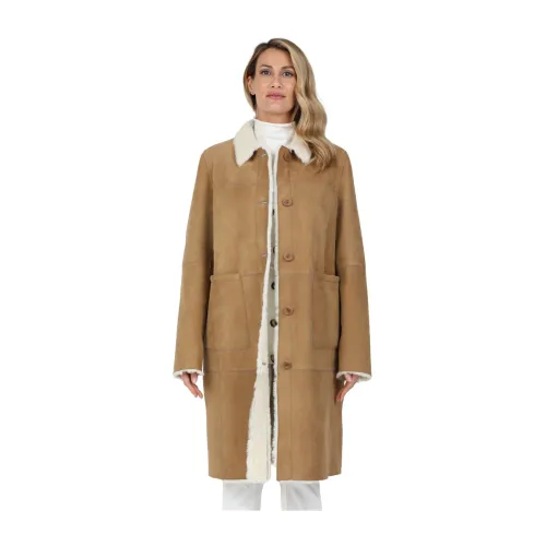 Gimo's , Long Canadian Sheepskin Coat with Button Closure ,Brown female, Sizes: