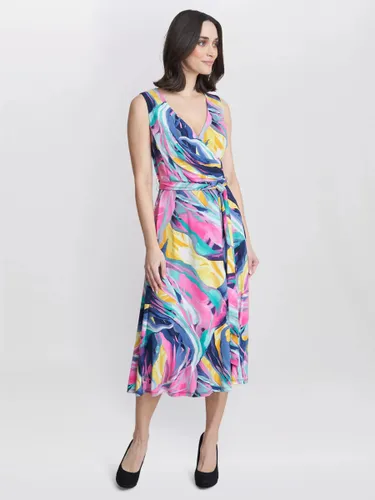 Gina Bacconi Anastacia Fit and Flare Abstract Print Midi Jersey Dress, Peach/Multi - Peach/Multi - Female