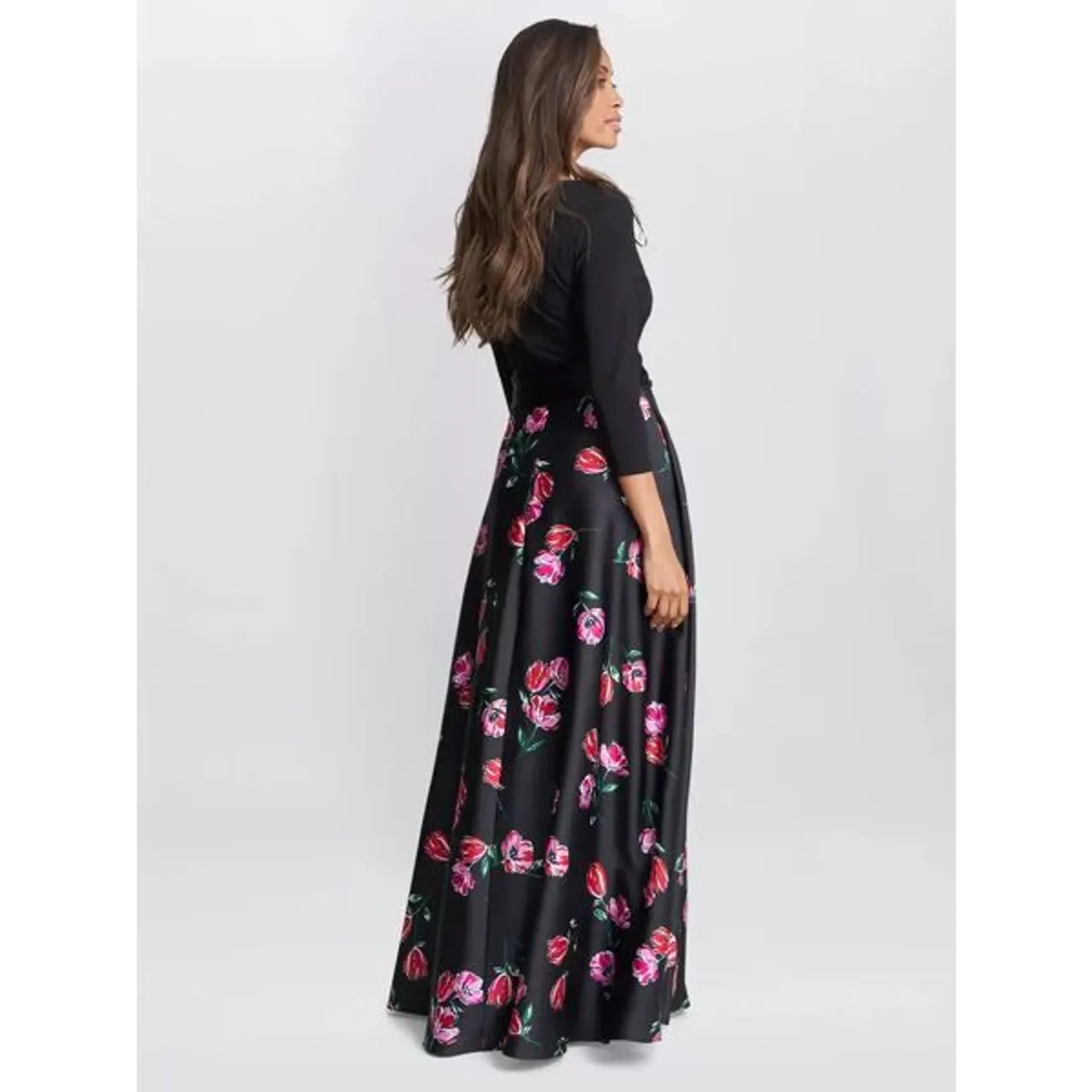 Gina Bacconi Athena Floral Satin Skirt Maxi Dress, Black/Pink - Black/Pink - Female