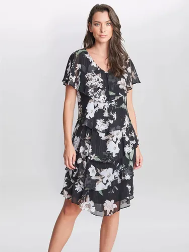 Gina Bacconi Debbie Floral Print Tiered Dress, Black/Multi - Black/Multi - Female