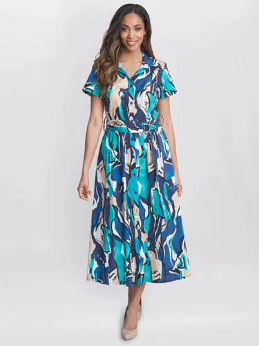 Gina Bacconi Ivonne Abstract Print Midi Shirt Dress, Blue/Multi - Blue/Multi - Female