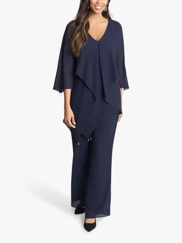 Gina Bacconi Wilma 2-Piece Suit With Asymmetric Cascade Ruffle Blouse & Wide Leg Trousers, Navy - Navy - Female