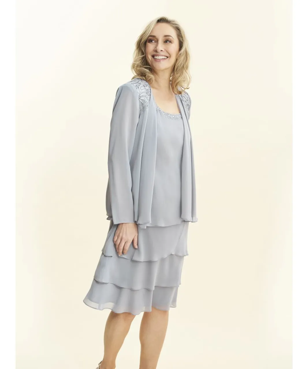 Gina Bacconi Womens Camira Lace Shoulder Bead Tier Jacket Dress - Grey