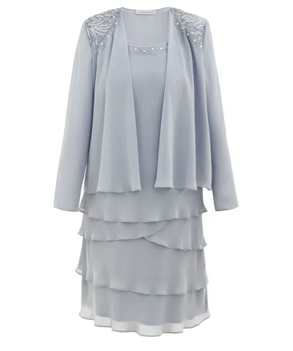 Gina Bacconi Womens Camira Lace Shoulder Bead Tier Jacket Dress - Grey