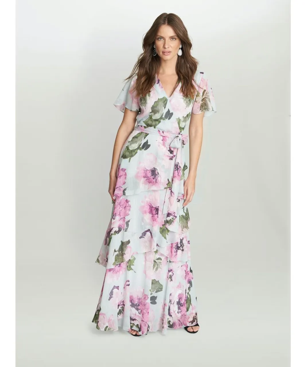 Gina Bacconi Womens Dione Long Printed Dress With Surplice Neckline and Short Sleeves - Floral