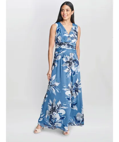 Gina Bacconi Womens Gayle Printed Maxi Dress With Ruched Waist - Blue