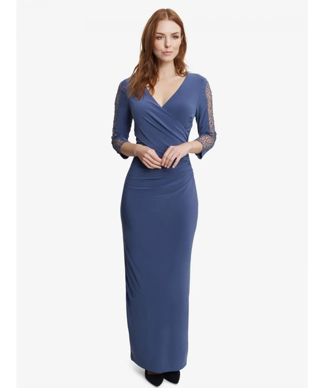 Gina Bacconi Womens Gretchen Long Surplice Neckline Dress With Rusched Waist And Beaded Sleeves. - Blue