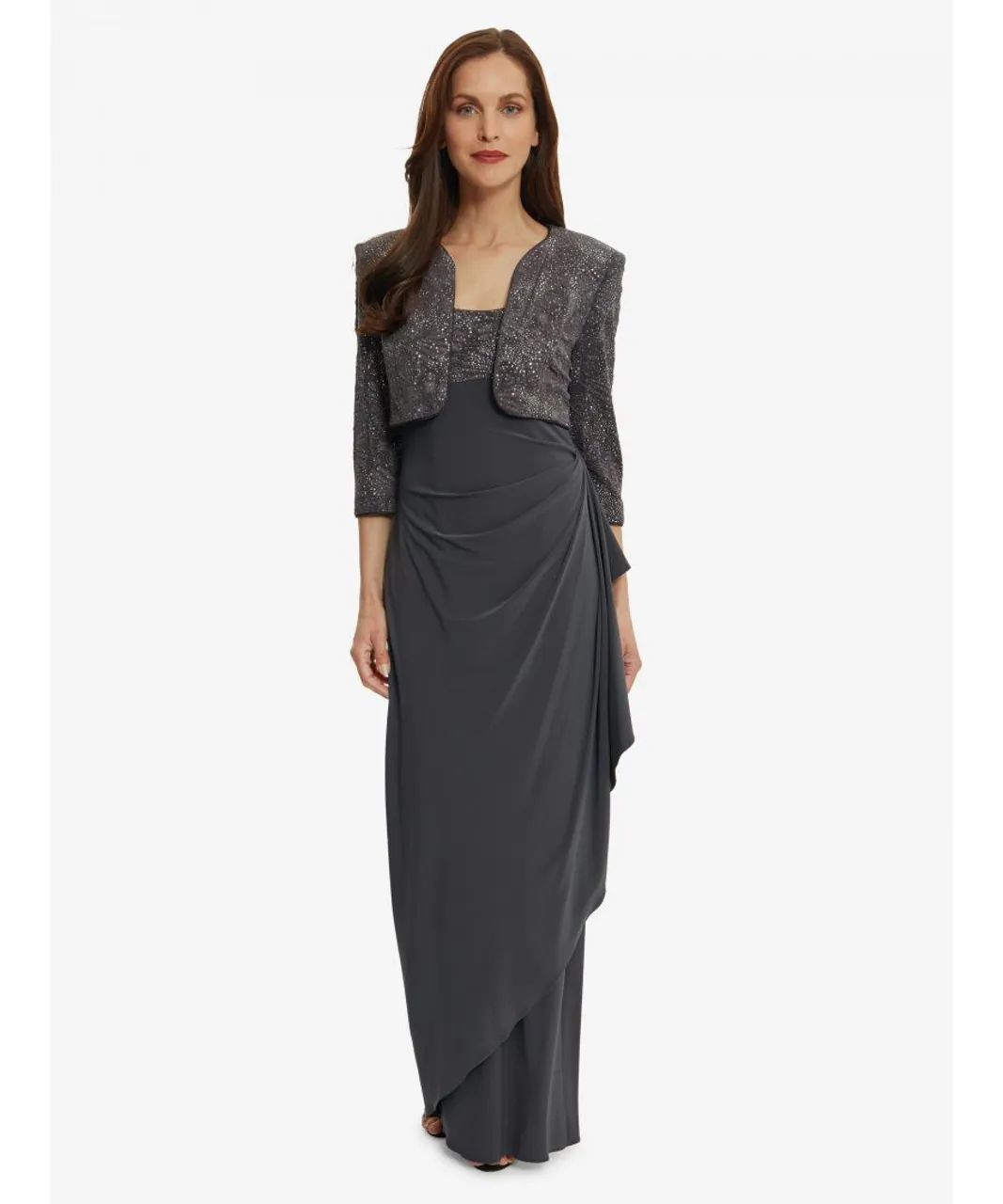 Gina Bacconi Womens Isy Long Side Ruched Jacquard Knit & Matte Jersey Gown With Bolero Jacket - Charcoal