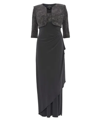 Gina Bacconi Womens Isy Long Side Ruched Jacquard Knit & Matte Jersey Gown With Bolero Jacket - Charcoal