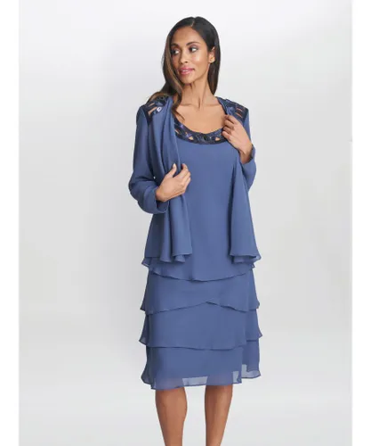 Gina Bacconi Womens Leigh Embellished Tiered Sequin Jacket Dress - Blue