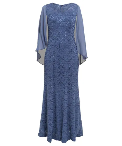 Gina Bacconi Womens Liesel Long Sequin Lace V-Neck Gown With Chiffon Capelet - Blue