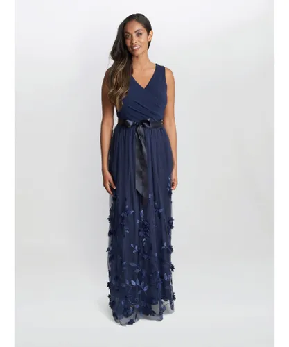 Gina Bacconi Womens Olyssia Long Sleeveless Dress With Surplice Neckline , 3D Floral Skirt. - Navy